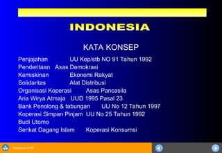 Sosialisasi KTSP
KATA KONSEP
Penjajahan UU Kep/stb NO 91 Tahun 1992
Penderitaan Asas Demokrasi
Kemiskinan Ekonomi Rakyat
Solidaritas Alat Distribusi
Organisasi Koperasi Asas Pancasila
Aria Wirya Atmaja UUD 1995 Pasal 23
Bank Penolong & tabungan UU No 12 Tahun 1997
Koperasi Simpan Pinjam UU No 25 Tahun 1992
Budi Utomo
Serikat Dagang Islam Koperasi Konsumsi
 
