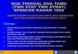 Sosialisasi KTSP
MEMBERI KESEMPATAN KEPADA KELOMPOK UNTUK MEMBAGIKAN
MEMBERI KESEMPATAN KEPADA KELOMPOK UNTUK MEMBAGIKAN
HASIL DAN INFORMASI DENGAN KELOMPOK LAINNYA.
HASIL DAN INFORMASI DENGAN KELOMPOK LAINNYA.
Caranya :
1. Siswa bekerja sama dalam kelompok yang berjumlah 4 (empat)
orang
2. Setelah selesai, dua orang dari masing-masing menjadi tamu kedua
kelompok yang lain
3. Dua orang yang tinggal dalam kelompok bertugas membagikan hasil
kerja dan informasi ke tamu mereka
4. Tamu mohon diri dan kembali ke kelompok mereka sendiri dan
melaporkan temuan mereka dari kelompok lain
5. Kelompok mencocokkan dan membahas hasil kerja mereka
 