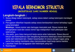 Sosialisasi KTSP
(MODIFIKASI DARI NUMBER HEADS)
(MODIFIKASI DARI NUMBER HEADS)
Langkah-langkah :
1. Siswa dibagi dalam kelompok, setiap siswa dalam setiap kelompok mendapat
nomor
2. Penugasan diberikan kepada setiap siswa berdasarkan nomor terhadap tugas
yang berangkai
Misalnya : siswa nomor satu bertugas mencatat soal. Siswa nomor dua
mengerjakan soal dan siswa nomor tiga melaporkan hasil pekerjaan dan
seterusnya.
3. Jika perlu, guru bisa menyuruh kerja sama antar kelompok. Siswa disuruh
keluar dari kelompoknya dan bergabung bersama beberapa siswa bernomor
sama dari kelompok lain. Dalam kesempatan ini siswa dengan tugas yang
sama bisa saling membantu atau mencocokkan hasil kerja sama mereka
4. Laporkan hasil dan tanggapan dari kelompok yang lain
5. Kesimpulan
 