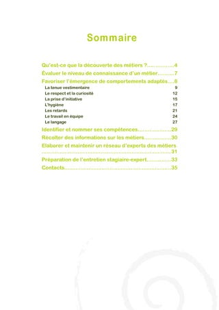Sommaire
Qu’est-ce que la découverte des métiers ?................4
Évaluer le niveau de connaissance d’un métier..........7
Favoriser l’émergence de comportements adaptés....8
La tenue vestimentaire
Le respect et la curiosité
La prise d’initiative
L’hygiène
Les retards
Le travail en équipe
Le langage

9
12
15
17
21
24
27

Identifier et nommer ses compétences....................29
Récolter des informations sur les métiers................30
Elaborer et maintenir un réseau d’experts des métiers
............................................................................... 31
Préparation de l’entretien stagiaire-expert...............33
Contacts..................................................................35

 