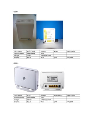 HG530
LEDS:Power ADSL (WPS) Internet Wlan LAN1-LAN4
Puertos:Power LAN1-LAN4 ADSL
Voltaje: 12 vcc Amperaje:0.5 A
Botones Reset Wlan WPS ON/OFF
HG532e
LEDS:Power ADSL Internet Wlan Y WPS LAN1-LAN4
Puertos:Power LAN1-LAN4 ADSL
Voltaje: 12 vcc Amperaje:0.5 A
Botones Reset Wlan WPS ON/OFF
 