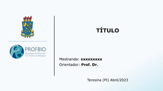 TÍTULO
Teresina (PI) Abril/2023
Mestranda: xxxxxxxxx
Orientador: Prof. Dr.
 
