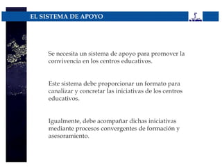 EL SISTEMA DE APOYO




    Se necesita un sistema de apoyo para promover la
    convivencia en los centros educativos.


    Este sistema debe proporcionar un formato para
    canalizar y concretar las iniciativas de los centros
    educativos.


    Igualmente, debe acompañar dichas iniciativas
    mediante procesos convergentes de formación y
    asesoramiento.
 