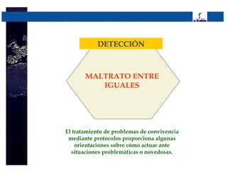 DETECCIÓN



       MALTRATO ENTRE
          IGUALES




El tratamiento de problemas de convivencia
 mediante protocolos proporciona algunas
    orientaciones sobre cómo actuar ante
  situaciones problemáticas o novedosas.
 