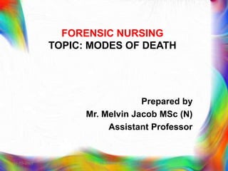 FORENSIC NURSING
TOPIC: MODES OF DEATH
Prepared by
Mr. Melvin Jacob MSc (N)
Assistant Professor
21-03-2023 Mr. Melvin Jacob
 