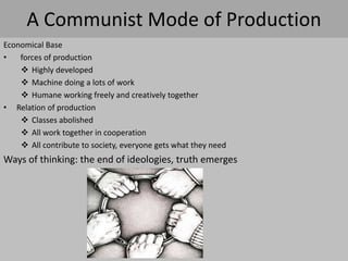 A Communist Mode of Production
Economical Base
•   forces of production
     Highly developed
     Machine doing a lots of work
     Humane working freely and creatively together
• Relation of production
     Classes abolished
     All work together in cooperation
     All contribute to society, everyone gets what they need
Ways of thinking: the end of ideologies, truth emerges
 