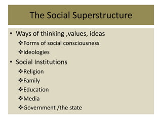 The Social Superstructure
• Ways of thinking ,values, ideas
  Forms of social consciousness
  Ideologies
• Social Institutions
  Religion
  Family
  Education
  Media
  Government /the state
 