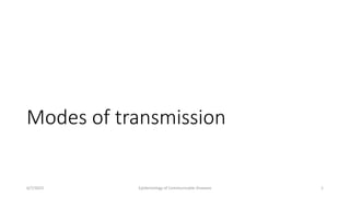 Modes of transmission
6/7/2023 Epidemiology of Communicable Diseases 1
 