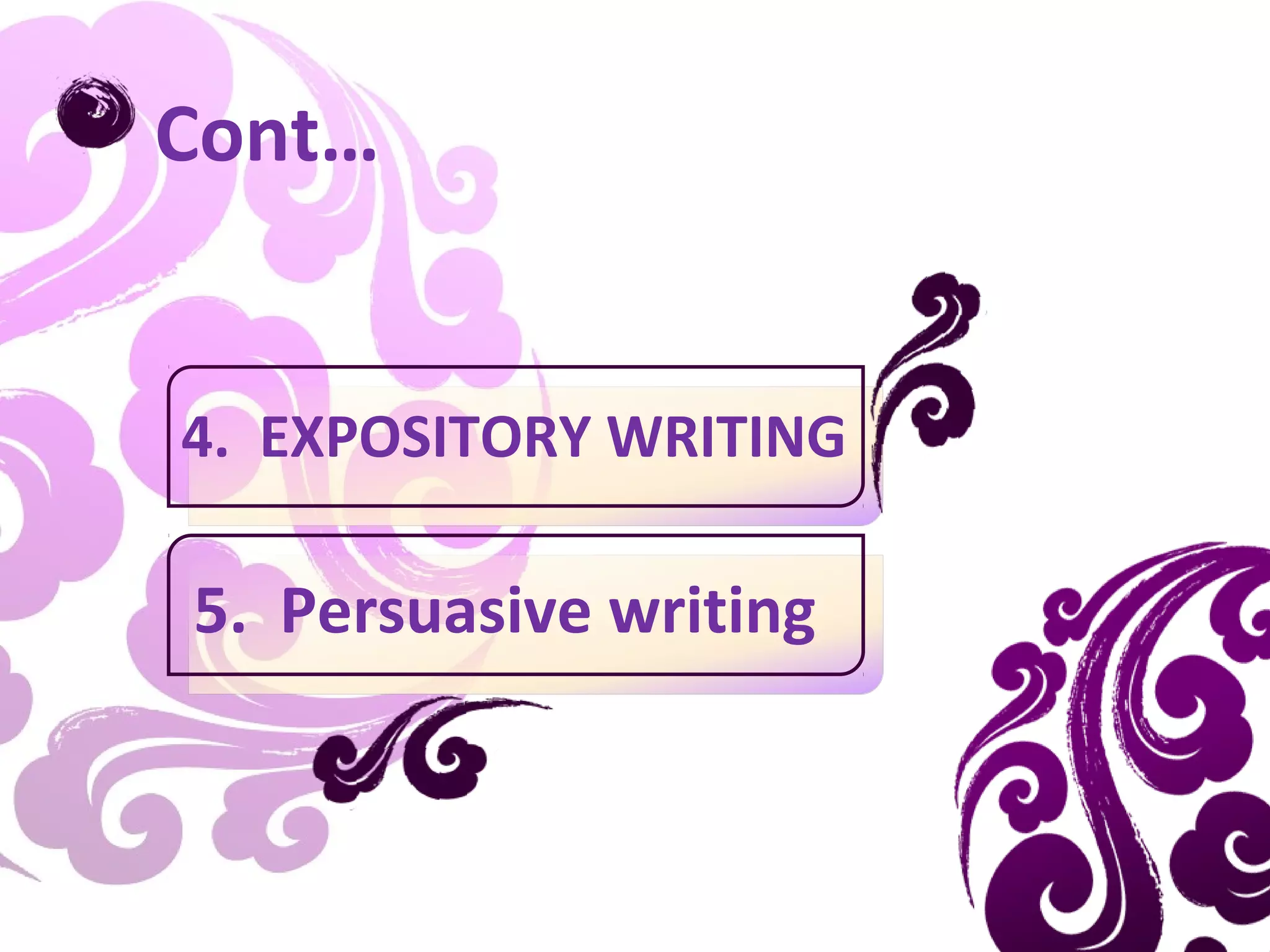 Cont…


4. EXPOSITORY WRITING

5. Persuasive writing
 