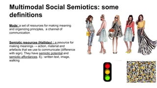 Multimodal Social Semiotics: some
definitions
Mode: a set of resources for making meaning
and organizing principles, a channel of
communication
Semiotic resources (Halliday) : a resource for
making meanings → action, material and
artefacts that we use to communicate (difference
with sign). They have semiotic potential and
semiotic affordances. Ej.: written text, image,
walking
 