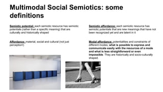 Multimodal Social Semiotics: some
definitions
Semiotic potential: each semiotic resource has semiotic
potentials (rather than a specific meaning) that are
culturally and historically shaped
Affordance: material, social and cultural (not just
perception!)
Semiotic affordance: each semiotic resource has
semiotic potentials that are new meanings that have not
been recognized yet and are latent in it
Modal affordance: potentialities and constraints of
different modes; what is possible to express and
communicate easily with the resources of a mode
and what is less straightforward or even
impossible. They are historically and socio-culturally
shaped.
 