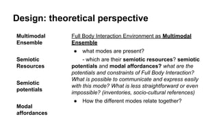 Design: theoretical perspective
Full Body Interaction Environment as Multimodal
Ensemble
● what modes are present?
- which are their semiotic resources? semiotic
potentials and modal affordances? what are the
potentials and constraints of Full Body Interaction?
What is possible to communicate and express easily
with this mode? What is less straightforward or even
impossible? (inventories, socio-cultural references)
● How the different modes relate together?
Multimodal
Ensemble
Semiotic
Resources
Semiotic
potentials
Modal
affordances
 