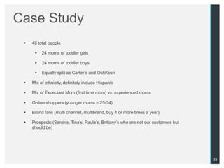Case Study
    48 total people

         24 moms of toddler girls

         24 moms of toddler boys

         Equally split as Carter‟s and OshKosh

    Mix of ethnicity, definitely include Hispanic

    Mix of Expectant Mom (first time mom) vs. experienced moms

    Online shoppers (younger moms – 25-34)

    Brand fans (multi channel, multibrand, buy 4 or more times a year)

    Prospects (Sarah‟s, Tina‟s, Paula‟s, Brittany‟s who are not our customers but
     should be)




                                                                                     33
 