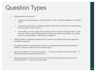 Question Types
    Closed questions are good for:

          Testing your understanding, or the other person's: "So, if I get this qualification, I will get a
           raise?"

          Concluding a discussion or making a decision: "Now we know the facts, are we all agreed
           this is the right course of action?"

          Frame setting: "Are you happy with the service from your bank?” Direct questions: “Have
           you ever received money for good grades? When you mention competition, do you then
           think of a sportsmanlike or a destructive competition?”

    Indirect questions: Projective questions such as „How do you believe other pupils regard the
     competition of grades?”

    Structuring questions: indicating when a theme is exhausted by breaking off long irrelevant
     answers: “I would now like to introduce another topic:…”

    Introducing questions: “Can you tell me about….?”, “Do you remember an occasion when…?”
     “What happened in the episode mentioned?”,…

    Specifying questions: “What did you think then?” What did you actually do when you felt a
     mounting anxiety?”, “How did your body react?”,…




                                                                                                               43
 