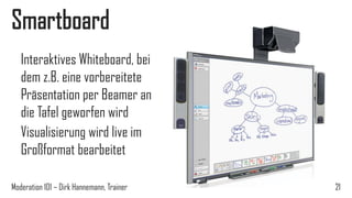 Smartboard
Interaktives Whiteboard, bei
dem z.B. eine vorbereitete
Präsentation per Beamer an
die Tafel geworfen wird
Visualisierung wird live im
Großformat bearbeitet
Moderation 101 – Dirk Hannemann, Trainer

21

 