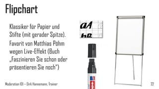 Flipchart
Klassiker für Papier und
Stifte (mit gerader Spitze).
Favorit von Matthias Pöhm
wegen Live-Effekt (Buch
„Faszinieren Sie schon oder
präsentieren Sie noch“)
Moderation 101 – Dirk Hannemann, Trainer

22

 