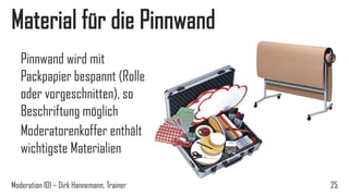 Material für die Pinnwand
Pinnwand wird mit
Packpapier bespannt (Rolle
oder vorgeschnitten), so
Beschriftung möglich
Moderatorenkoffer enthält
wichtigste Materialien
Moderation 101 – Dirk Hannemann, Trainer

25

 
