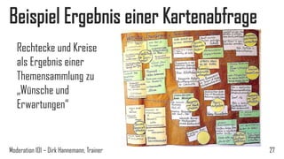 Beispiel Ergebnis einer Kartenabfrage
Rechtecke und Kreise
als Ergebnis einer
Themensammlung zu
„Wünsche und
Erwartungen“

Moderation 101 – Dirk Hannemann, Trainer

27

 