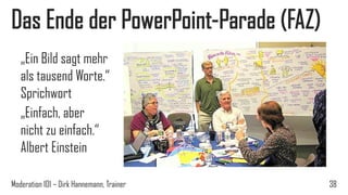 Das Ende der PowerPoint-Parade (FAZ)
„Ein Bild sagt mehr
als tausend Worte.“
Sprichwort
„Einfach, aber
nicht zu einfach.“
Albert Einstein
Moderation 101 – Dirk Hannemann, Trainer

38

 