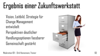 Ergebnis einer Zukunftswerkstatt
Vision, Leitbild, Strategie für
Change Management
entwickelt
Perspektiven deutlicher
Handlungsoptionen fassbarer
Gemeinschaft gestärkt
Moderation 101 – Dirk Hannemann, Trainer

60

 