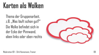 Karten als Wolken
Thema der Gruppenarbeit,
z.B. „Was läuft schon gut?“
Die Wolke befindet sich in
der Ecke der Pinnwand,
oben links oder oben rechts

Moderation 101 – Dirk Hannemann, Trainer

89

 