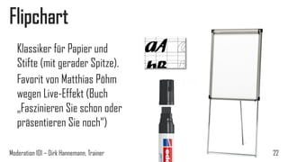 Flipchart
Klassiker für Papier und
Stifte (mit gerader Spitze).
Favorit von Matthias Pöhm
wegen Live-Effekt (Buch
„Faszini...
