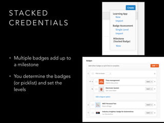 S TA C K E D
C R E D E N T I A L S
• Multiple badges add up to
a milestone
• You determine the badges
(or picklist) and set the
levels
 