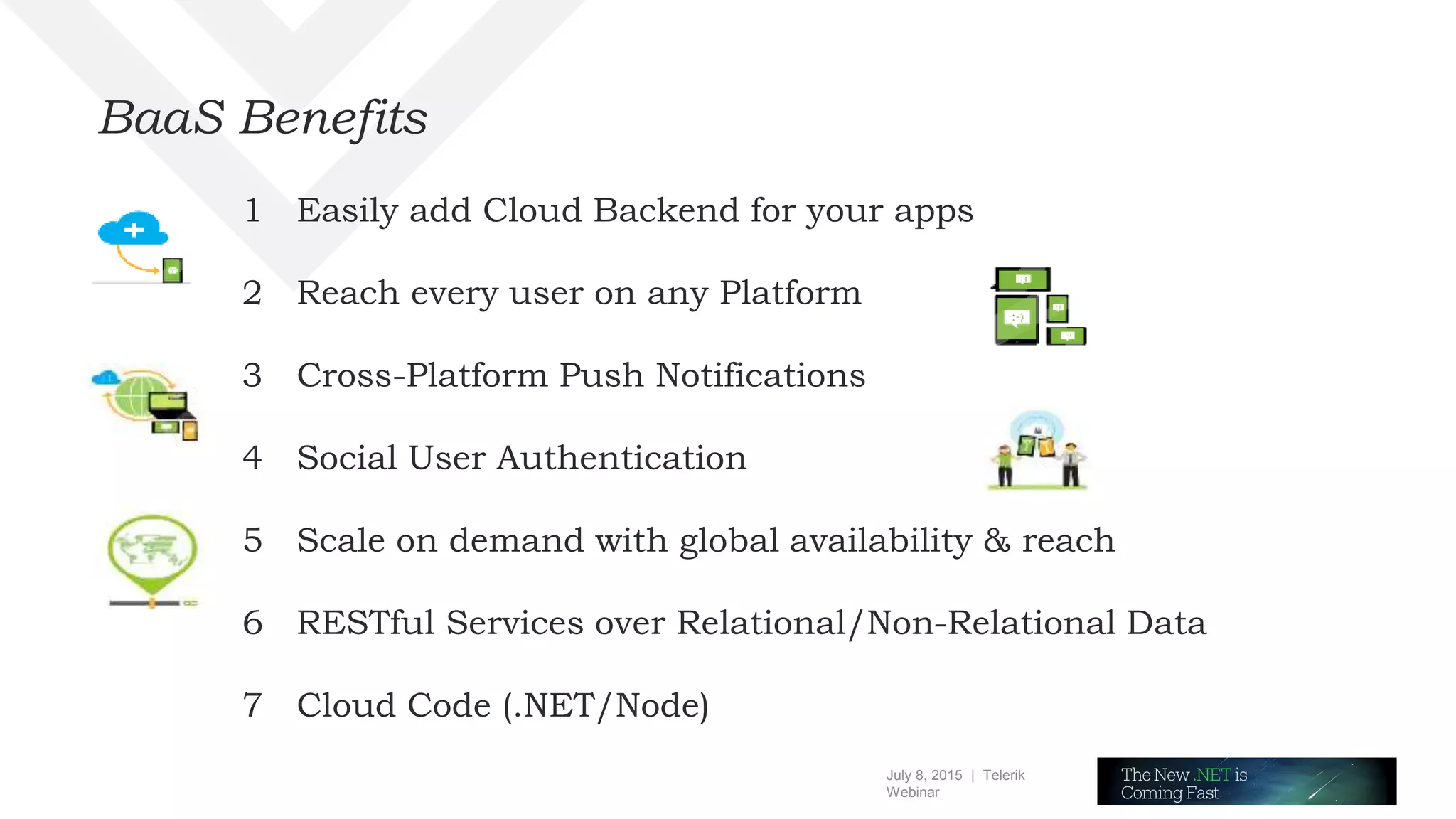 July 8, 2015 | Telerik
Webinar
1 Easily add Cloud Backend for your apps
2 Reach every user on any Platform
3 Cross-Platform Push Notifications
4 Social User Authentication
5 Scale on demand with global availability & reach
6 RESTful Services over Relational/Non-Relational Data
7 Cloud Code (.NET/Node)
BaaS Benefits
 