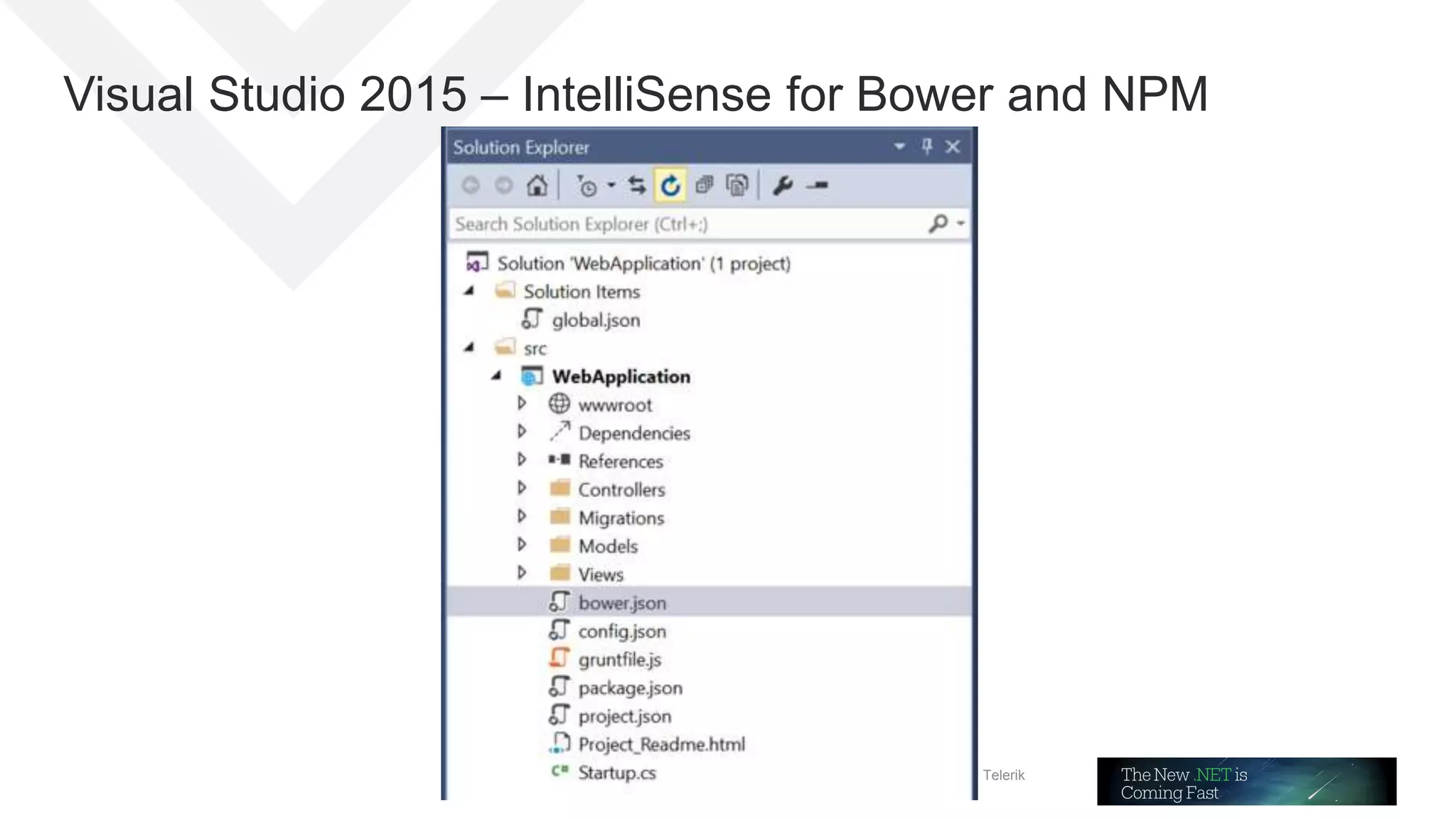 July 8, 2015 | Telerik
Webinar
Visual Studio 2015 – IntelliSense for Bower and NPM
 
