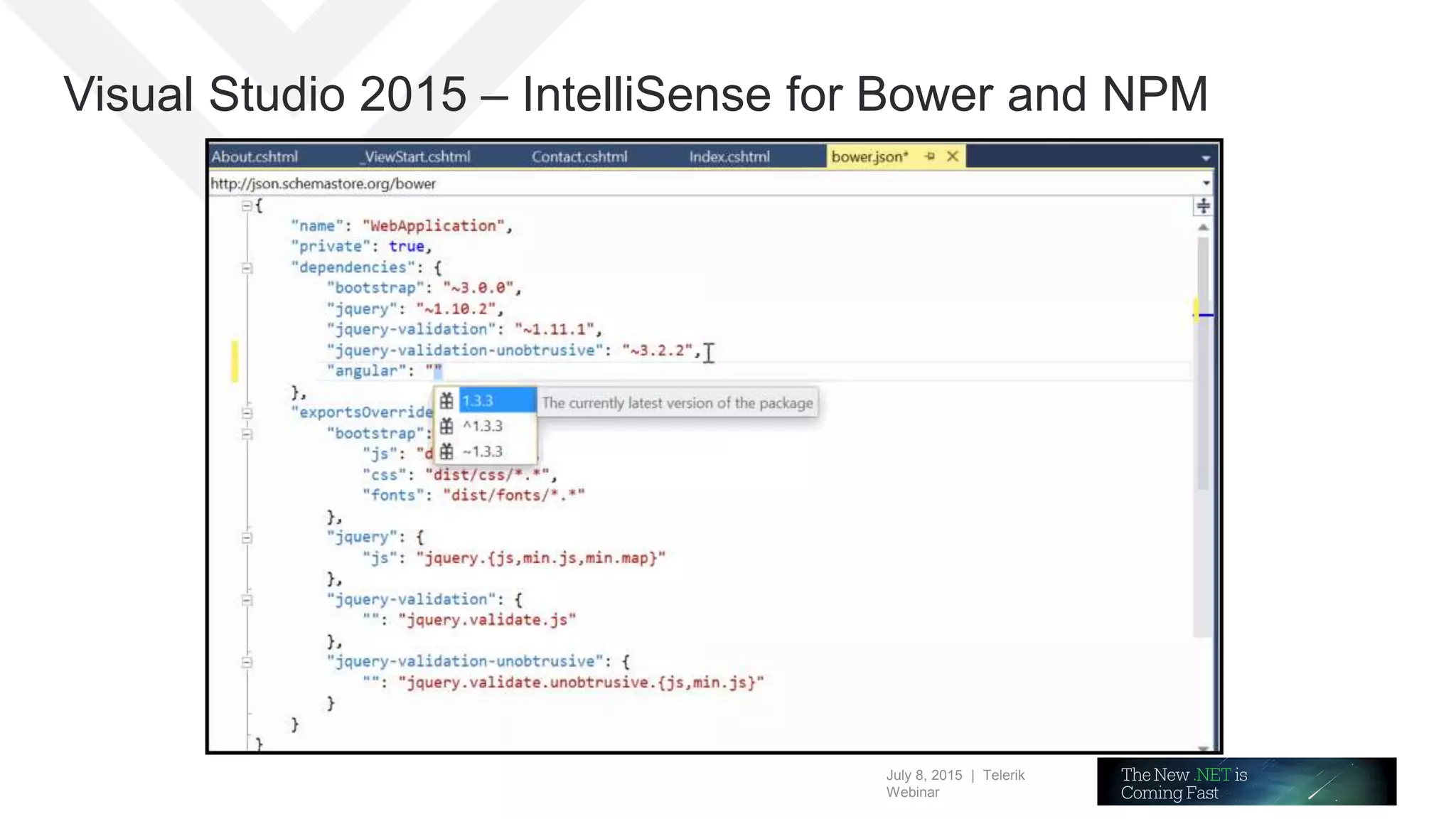 July 8, 2015 | Telerik
Webinar
Visual Studio 2015 – IntelliSense for Bower and NPM
 