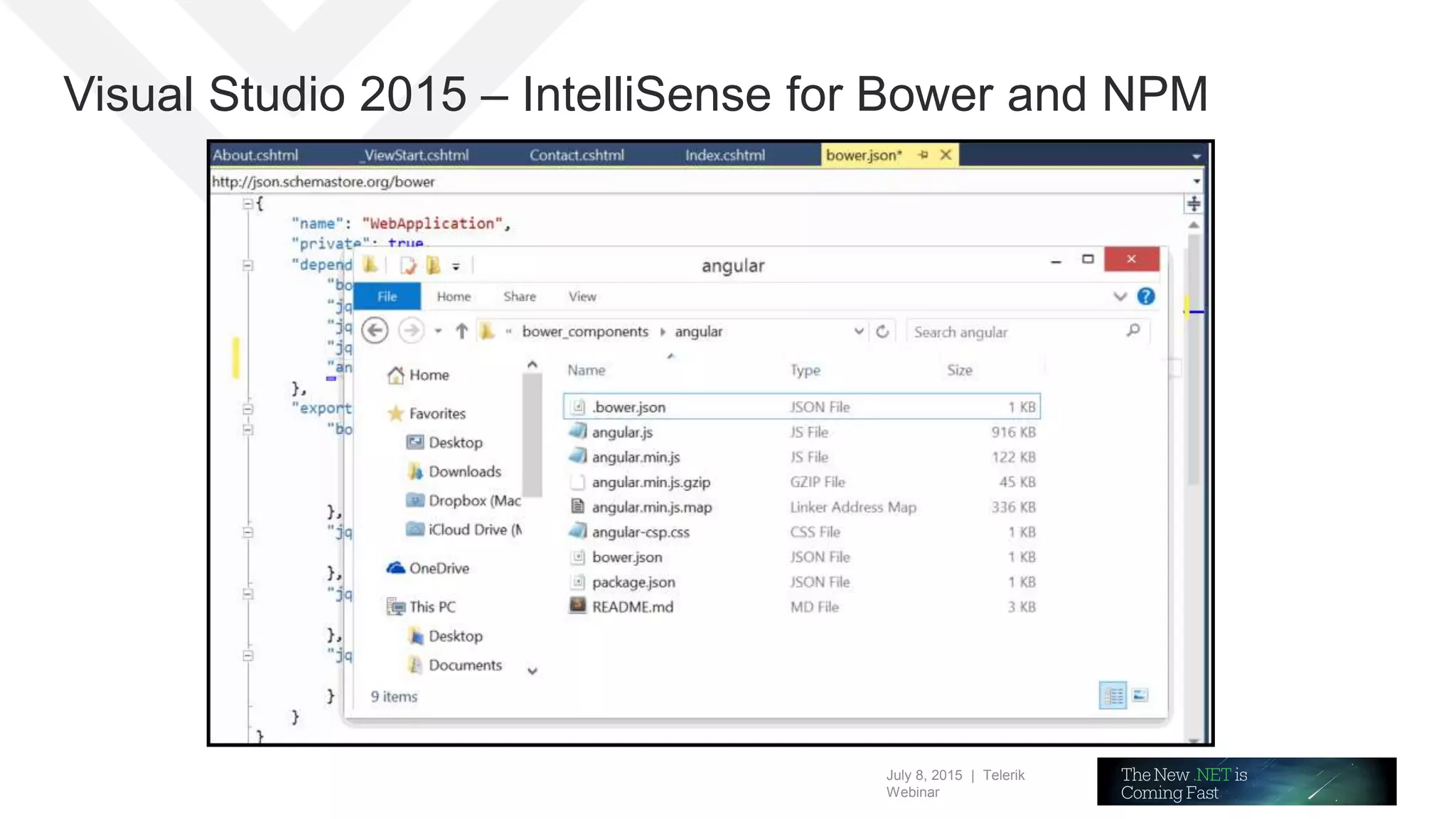 July 8, 2015 | Telerik
Webinar
Visual Studio 2015 – IntelliSense for Bower and NPM
 