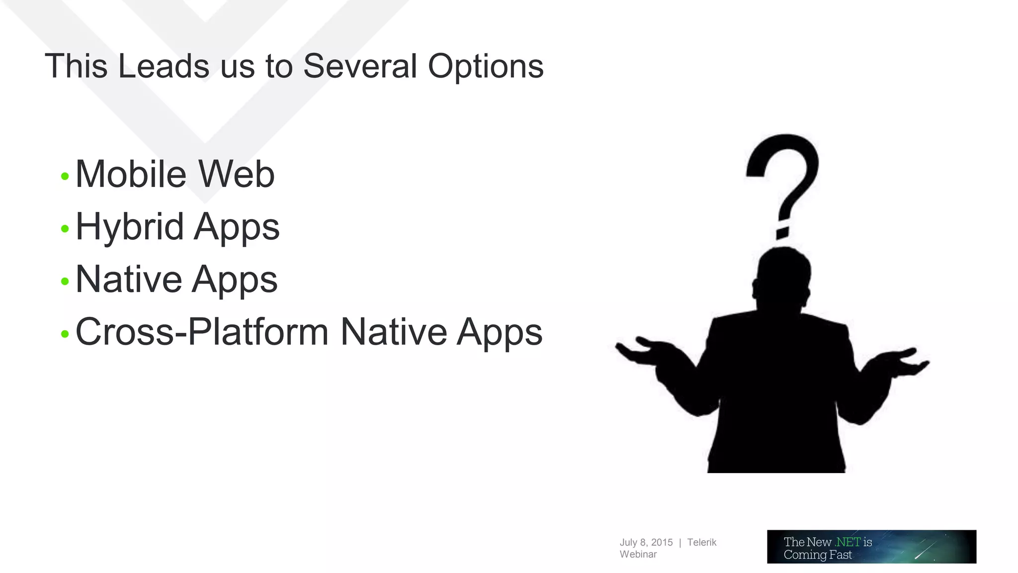 July 8, 2015 | Telerik
Webinar
This Leads us to Several Options
• Mobile Web
• Hybrid Apps
• Native Apps
• Cross-Platform Native Apps
 