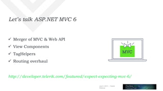 July 8, 2015 | Telerik
Webinar
Let’s talk ASP.NET MVC 6
 Merger of MVC & Web API
 View Components
 TagHelpers
 Routing overhaul
http://developer.telerik.com/featured/expect-expecting-mvc-6/
 