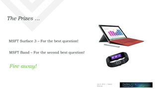 July 8, 2015 | Telerik
Webinar
The Prizes …
MSFT Surface 3 – For the best question!
MSFT Band – For the second best question!
Fire away!
 