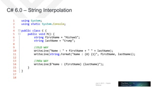 July 8, 2015 | Telerik
Webinar
C# 6.0 – String Interpolation
 