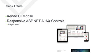 July 8, 2015 | Telerik
Webinar
Telerik Offers
• Kendo UI Mobile
• Responsive ASP.NET AJAX Controls
• Page Layout
 