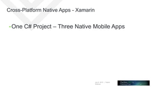 July 8, 2015 | Telerik
Webinar
Cross-Platform Native Apps - Xamarin
• One C# Project – Three Native Mobile Apps
 