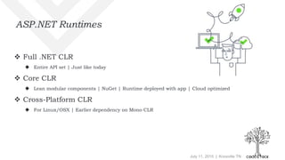 July 11, 2015 | Knoxville TN
ASP.NET Runtimes
 Full .NET CLR
 Entire API set | Just like today
 Core CLR
 Lean modular components | NuGet | Runtime deployed with app | Cloud optimized
 Cross-Platform CLR
 For Linux/OSX | Earlier dependency on Mono CLR
 