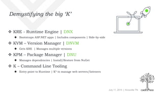 July 11, 2015 | Knoxville TN
Demystifying the big ‘K’
 KRE - Runtime Engine | DNX
 Bootstraps ASP.NET apps | Includes components | Side-by-side
 KVM – Version Manager | DNVM
 Gets KRE | Manages multiple versions
 KPM – Package Manager | DNU
 Manages dependencies | Install/Restore from NuGet
 K – Command Line Tooling
 Entry point to Runtime | K* to manage web servers/listeners
 