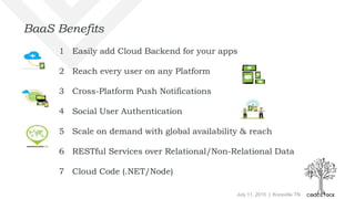 July 11, 2015 | Knoxville TN
1 Easily add Cloud Backend for your apps
2 Reach every user on any Platform
3 Cross-Platform Push Notifications
4 Social User Authentication
5 Scale on demand with global availability & reach
6 RESTful Services over Relational/Non-Relational Data
7 Cloud Code (.NET/Node)
BaaS Benefits
 