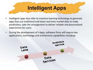 • Intelligent apps also refer to machine learning technology to generate
apps that use traditional and latest real-time market data to make
predictions, take the arrangement to deliver reliable and personalized
experiences for users.
Intelligent Apps
• During the development of I-Apps, software firms will require key
applications, technology and architecture capabilities including:
 