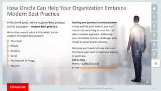 Copyright © 2016, Oracle and/or its affiliates. All rights reserved.
1
2
3
4
5
1
6
23
How Oracle Can Help Your Organization Embrace
Modern Best Practice
In this brief guide, we’ve explored best practice
and its successor – modern best practice.
We’ve also covered in just a little detail, the six
enablers of modern best practice:
The Cloud
Mobile
Analytics
Social
The Internet of Things
Big Data
Starting your journey to standardization
is easy and the good news is, you don’t
need to do everything at once. You can
take a modular approach. Addressing
your immediate business challenges with
simple to adopt Oracle solutions.
We know you’ll want to know more and
the Oracle sales team is ready and waiting
to assist you.
Call us now.
Phone: +1.800.633.0738
or visit oracle.com/modernbestpractice
 