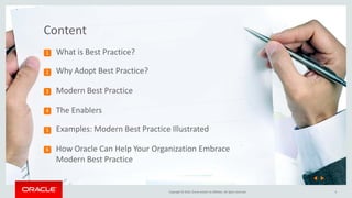 Copyright © 2016, Oracle and/or its affiliates. All rights reserved.
Content
4
What is Best Practice?
Why Adopt Best Practice?
Modern Best Practice
The Enablers
Examples: Modern Best Practice Illustrated
How Oracle Can Help Your Organization Embrace
Modern Best Practice
1
2
3
4
5
6
 