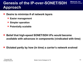 Metanoia, Inc.
Genesis of the IP-over-SONET/SDH                                   Critical Systems Thinking™




Approach
 Desire to minimize # of network layers
        Easier management
        Simpler operation
        Potentially scalable



 Belief that high-speed SONET/SDH I/Fs would become
     available with advances in components (vindicated with time)


 Dictated partly by how (in time) a carrier’s network evolved



©Copyright 2002,
All Rights Reserved             Modern Carrier Strategies for TE                      11
 