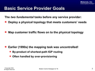 Metanoia, Inc.
                                                                  Critical Systems Thinking™




Basic Service Provider Goals
The two fundamental tasks before any service provider:
 Deploy a physical topology that meets customers’ needs


 Map customer traffic flows on to the physical topology




 Earlier (1990s) the mapping task was uncontrolled!
          By-product of shortest-path IGP routing
          Often handled by over-provisioning



©Copyright 2002,
All Rights Reserved            Modern Carrier Strategies for TE                        2
 
