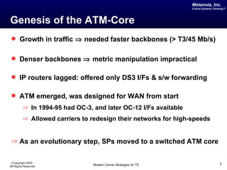 Metanoia, Inc.
                                                                   Critical Systems Thinking™




Genesis of the ATM-Core
 Growth in traffic ⇒ needed faster backbones (> T3/45 Mb/s)


 Denser backbones ⇒ metric manipulation impractical

 IP routers lagged: offered only DS3 I/Fs & s/w forwarding

 ATM emerged, was designed for WAN from start
         ⇒ In 1994-95 had OC-3, and later OC-12 I/Fs available
         ⇒ Allowed carriers to redesign their networks for high-speeds



⇒ As an evolutionary step, SPs moved to a switched ATM core


©Copyright 2002,
All Rights Reserved             Modern Carrier Strategies for TE                        7
 