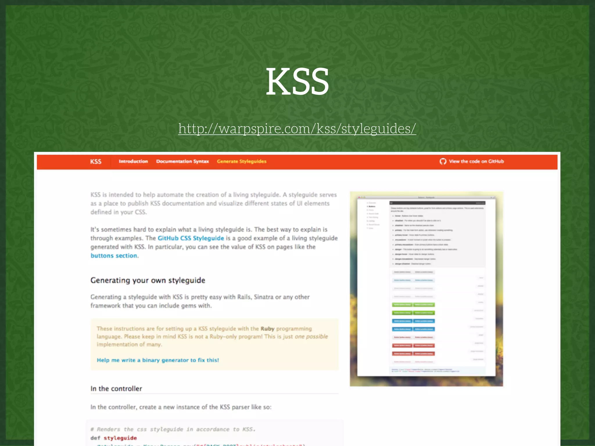 KSS
http://warpspire.com/kss/styleguides/
 