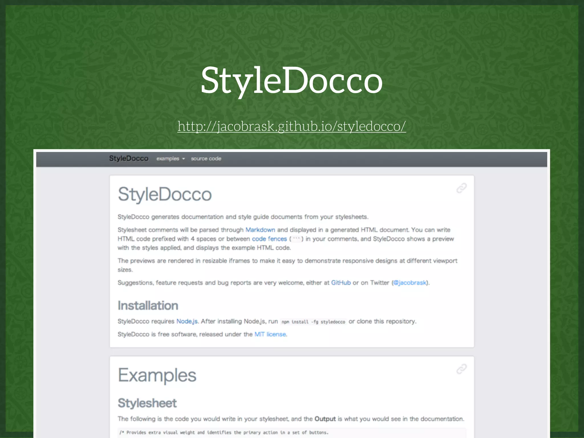 StyleDocco
http://jacobrask.github.io/styledocco/
 