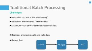 4
Traditional Batch Processing
Challenges	
Introduces	too	much	“decision	latency”	
Responses	are	delivered	“a[er	the	fact”	
Maximum	value	of	the	idenﬁed	situaon	is	lost	
Decisions	are	made	on	old	and	stale	data	
Data	at	Rest
Store Analyze Act
 