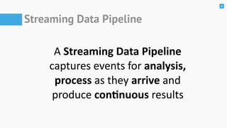 6
Streaming Data Pipeline
A	Streaming	Data	Pipeline		
captures	events	for	analysis,		
process	as	they	arrive	and		
produce	con=nuous	results
 